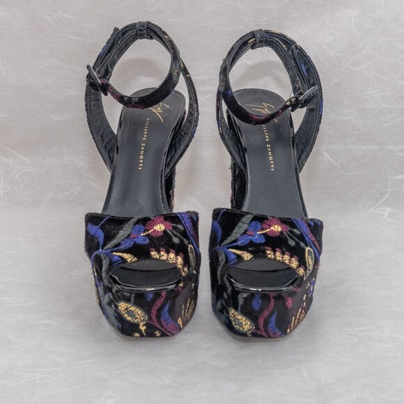 Giuseppe Zanotti Black and Blue Velvet Floral Platform Heels - Picture 3 of 9